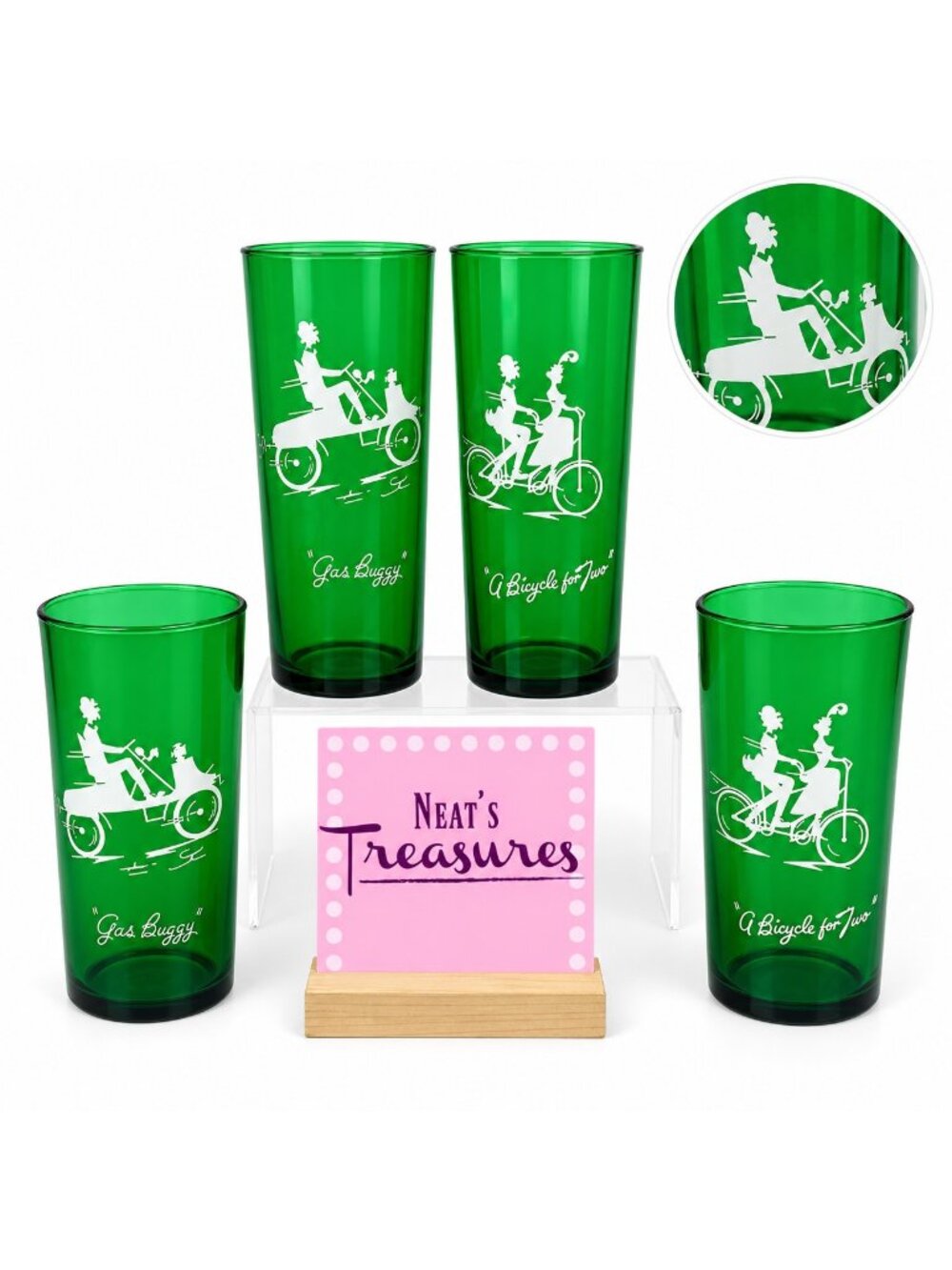 MCM Anchor Hocking GAS BUGGY BICYCLE FOR TWO Frost Green Tumbler Glasses Set 4